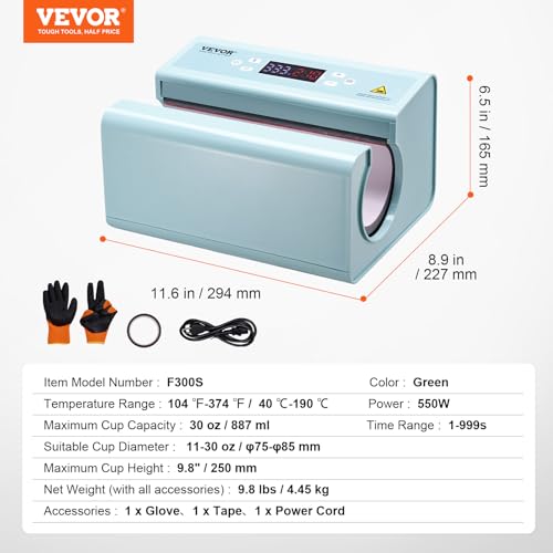 VEVOR Auto Tumbler Heat Press Machine, Automatic Rotation Full Print Mug Heat Press with Temp and Time Setting, Even Heating for 11-30oz Sublimation Tumblers, Mug, Cups (Light Blue) VEVOR