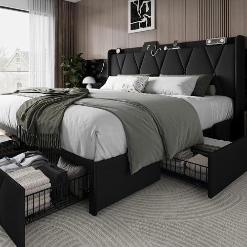 Einhomn King Size Bed Frame with 4 Storage Drawers and Charging Station, Upholstered Platform Bed Frame with Storage Headboard, No Box Spring Needed, Easy Assembly, Black Einhomn