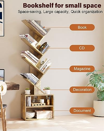 SUNMORY Rustic Brown 6-Tier Tree Bookshelf with Storage Cabinet for Small Spaces SUNMORY