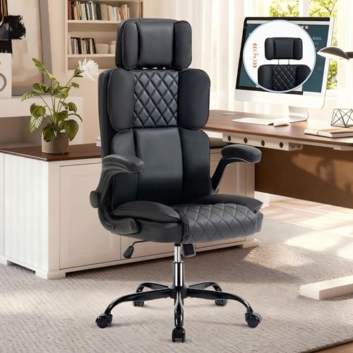 Office Chair with Adjustable Headrest, Faux Leather Executive Home Office Desk Chairs with Ergonomic Back Support, Padded Flip-Up Armrests, Swivel Rolling Computer Chair for Work, Study, Black ACFOUL