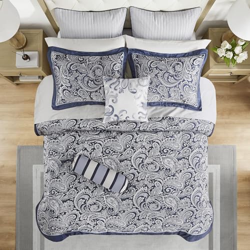 Madison Park Aubrey Cozy Comforter Set, Faux Silk Jacquard Paisley Design - All Season Down Alternative Bedding with Cotton Bed Sheets, Bed Skirt & Toss Pillows, King Navy 12 Piece Madison Park