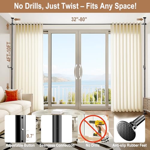 Seamless Room Divider Curtain Rod - No Drilling Space Partition Adjustable Privacy Separator 4-10ft(H) 32-80inch(W) Heavy Duty Temporary Wall Divider Floor to Ceiling Tension Rod, Black SIBRAD