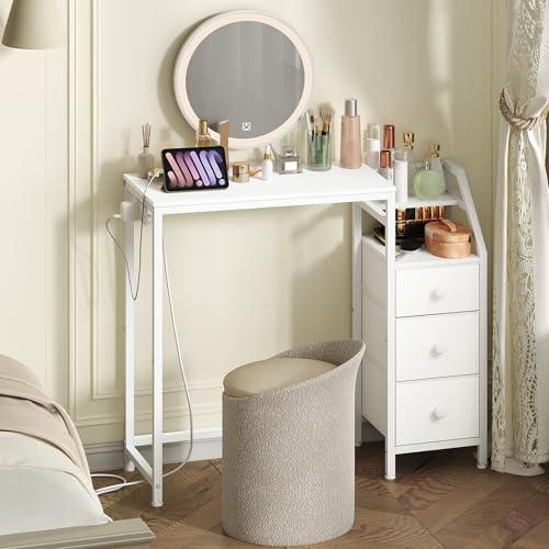YATINEY Small Vanity Desk Without Mirror, Makeup Vanity Table with Power Outlet, White Vanity with Fabric Drawers, Dressing Table, for Small Spaces, Bedroom, White YATINEY