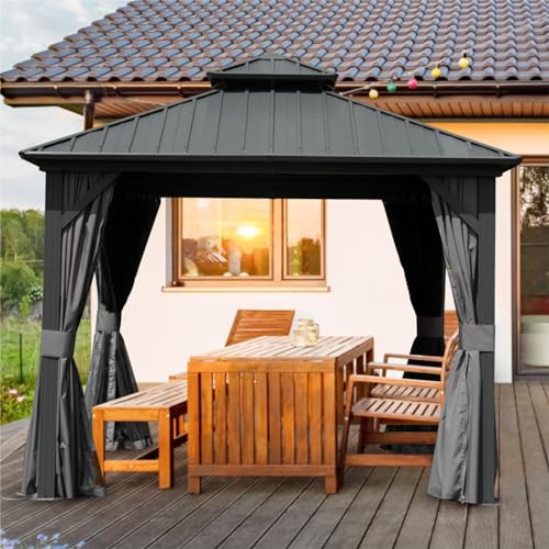 Domi Hardtop Gazebo 8x8FT, Aluminum Outdoor Gazebo with Galvanized Steel Double Roof Canopy, Curtains and Netting Included, Metal Gazebo Permanent Pavilion for Patio, Lawn, Garden, Gray domi outdoor living
