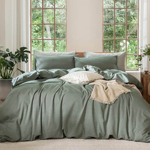 MooMee Bedding Duvet Cover Set 100% Washed Cotton Linen Like Textured Breathable Durable Soft Comfy (Heathered Green, King 104"x90") MooMee