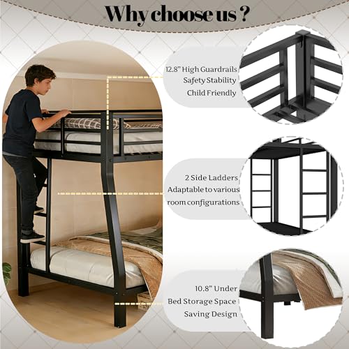Bellemave Metal Full XL Over Queen Bunk Bed with High Guardrail & Under-Bed Storage, Heavy Duty Bunk Beds Frame with 2 Side Ladders, Full Over Queen Bunk Bed for Adults, No Box Spring Needed, Black Bellemave