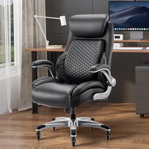 COLAMY Office Ergonomic Desk High Back Executive Chair with Pop-Out Lumbar Support, Upgraded Casters, Adjustable Headrest, Flip-Up Arms, Leather Home with Thick Cushion for Comfort - Black COLAMY
