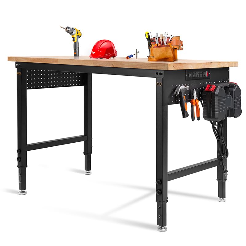 48" L×24”W Adjustable Workbench, 28”-40”Heights Heavy Duty Table 2000 LBS Load Capacity, Work Bench with Power Outlet & Pegboard, Rubber Wood Work Table for Garage, Office, Workshop, Home Generic
