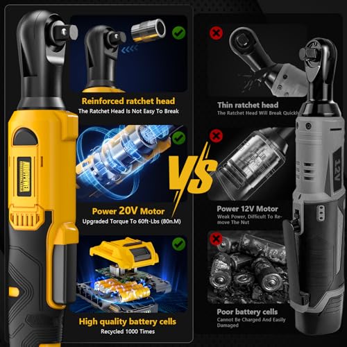 3/8" Cordless Ratchet Wrench Set, 60FT-LBS(80N.m) Electric Ratchet, 2 X 20V Chargeable Power Ratchet Wrench with Variable Speed, LED Light, 6 Sockets, 1/4" Adapter, 3" Extension Rod ALLOY POWER