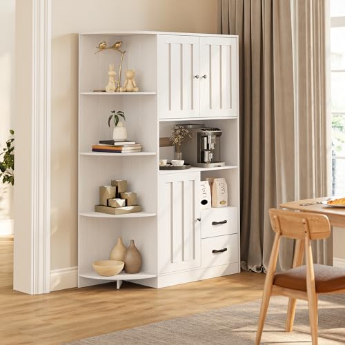 Gizoon 60.4" Farmhouse Kitchen Pantry Storage Cabinet with Doors and Adjustable Shelves, Large Kitchen Hutch with Drawers, Freestanding Cupboard for Dining Room, Living Room, White Gizoon