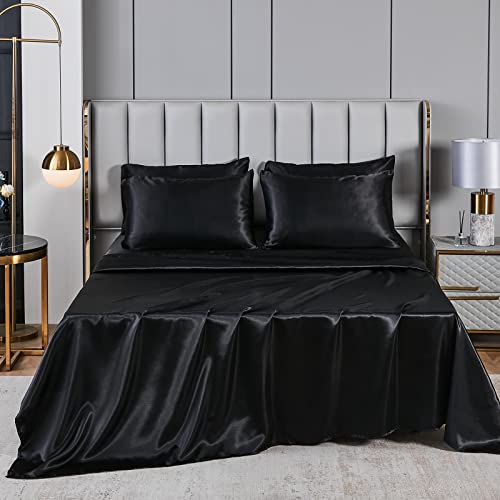 Herside Black Satin Comforter Set 7 Pieces King Size Bed in a Bag Luxurious Satin Bedding Set with Comforter Pillowcases and Sheets Sets Mini Pompoms Design Super Soft Silky Bed Set for All Seasons Herside