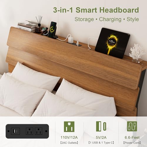 Feonase Floating Bed Frame Queen with Led Lights and Charging Station, Wood Full Size Bed Frame with Storage Headboard, Heavy Duty Metal Slats, No Box Spring Needed, Easy Assembly,Walnut Feonase