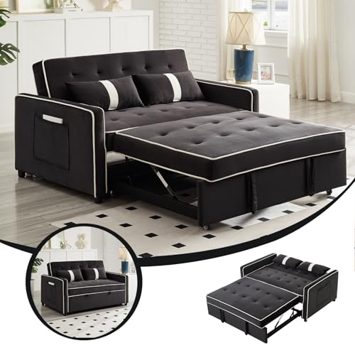 STBIGSLEP 3 in 1 Convertible Sleeper Sofa Bed, Small Couch for Living Room Bedroom with Pullout Bed Adjustable Backrest,Velvet,Loveseat Sofa Bed,Futon Couches (Black) STBIGSLEP