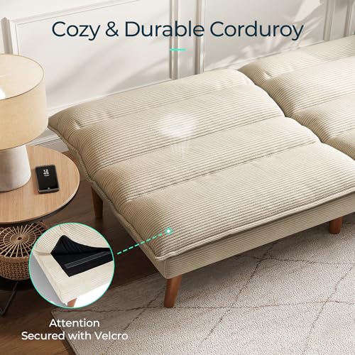 LINSY HOME Futon Sofa Bed - Convertible Corduroy Futon Couch Bed with Adjustable Backrest, Modern Small Loveseat Sleeper Sofa for Small Spaces, Living Room, Apartment or Office (Beige) LINSY HOME