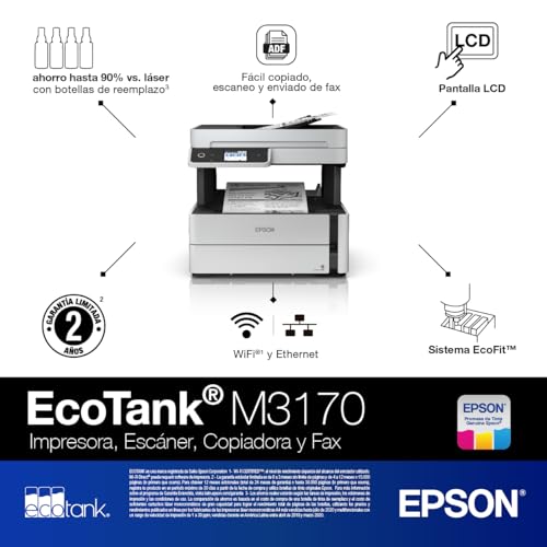 Epson EcoTank ET-M3170 Wireless Monochrome All-in-One Supertank Printer with ADF, Fax and Ethernet PLUS 2 Years of Unlimited Ink*, White Epson