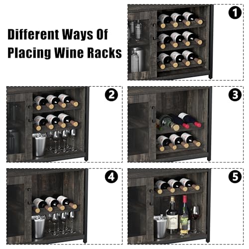 IDEALHOUSE 3-Tier Wine Bar Cabinet with Detachable Wine Rack and Storage Space, Buffet Cabinet with Glass Holder and Mesh Door, for Kitchen, Living Room and Bar (Dark Wood) IDEALHOUSE