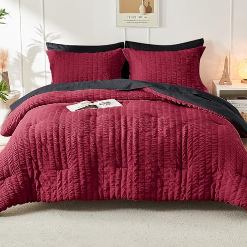 HYMOKEGE Red & Black Queen Comforter Set Seersucker 7 Pieces, All Season Luxury Bed in a Bag for Bedroom, Bedding Set with Comforters, Sheets, Pillowcases & Shams HYMOKEGE