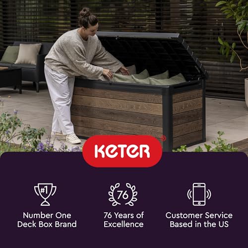 Keter City 30 Gallon Resin Outdoor Storage Box and Patio Furniture Side Table for Pool and Garden Accessories, Brown Keter