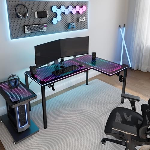 EUREKA ERGONOMIC RGB LED Lights 60 Inch L Shaped Reversible Black Glass Gaming Desk Home Office Computer Table GTG L60 EUREKA ERGONOMIC