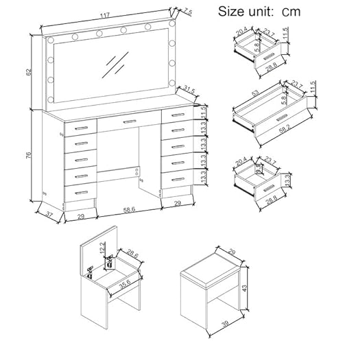 Panana Vanity Desk Set Large Mirror and Lights, Makeup Table with 11 Drawers, Power Outlet, Storage Cushioned Stool, 3 Lighting Modes, Dressing Table for Bedroom Dressing Room (White) Panana
