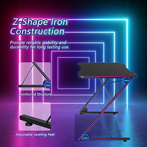 Tangkula Gaming Computer Desk, Z-Shaped Home Office Computer Table with LED Lights & Large Carbon Fiber Surface, Ergonomic Gamer Workstation, Writing Desk for Home Office Tangkula