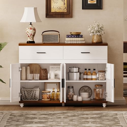 IRONCK Farmhouse 47.2" Sideboard Buffet Cabinet, White Coffee Bar Cabinet with 2 Drawers & Doors, Credenza Storage Cabinet for Kitchen, Living Room or Entryway IRONCK