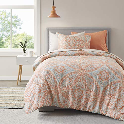 Comfort Spaces Bed in A Bag - Trendy Casual Design Cozy Comforter with Complete Sheet Set with Side Pocket, All Season Cover, Matching Shams, Twin XL(66 in x 90 in), Gloria, Damask Coral 6 Piece Comfort Spaces