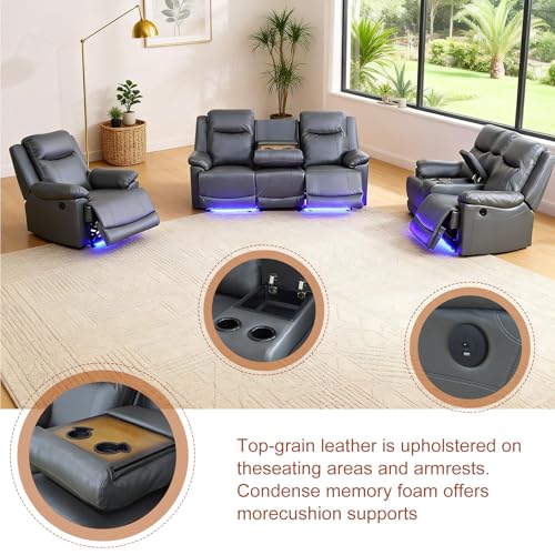 Daydo Sempli Power Recliner Sofa Set with LED/USB Port/Cup Holder,Breathing Leather Reclining Couch Set,Living Room Furniture Sets with Storage,for Living Room,House,Office(3-PCS, Deep Gray)