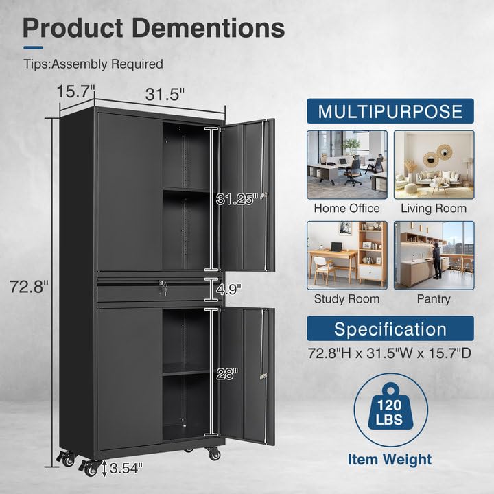 AFAIF Black Metal Storage Cabinet with Wheels, 73" Tall Garage Rolling Storage Cabinet with Doors and Shelves, Lockable Tool Cabinet Steel Locking Cabinets for Home Office, Garage, Pantry AFAIF