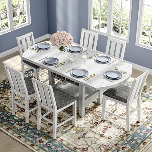 Peatuk Solid Wood Dining Table Set for 6, Modern Breakfast Dinette Expandable Drop Leaf Kitchen Table with Chairs for Dining Room, Kitchen, Grey Peatuk