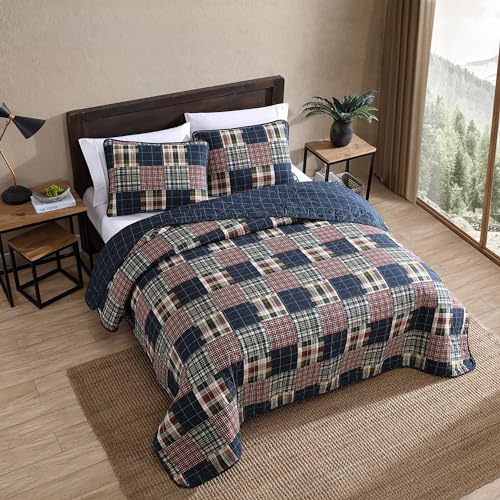 Eddie Bauer - King Quilt Set, Cotton Reversible Bedding with Matching Shams, Luxurious Bedding Set (Madrona Navy/Red, King) Eddie Bauer