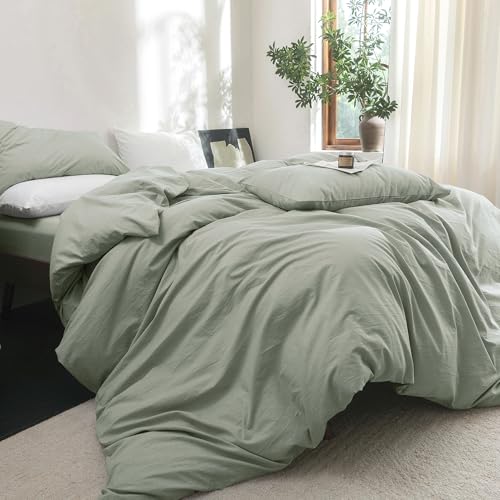 FOSSA Duvet Cover Set 100% Washed Cotton Linen Feel Super Soft Breathable Cozy 3 Pieces Bedding Sets Solid Sage Green King FOSSA