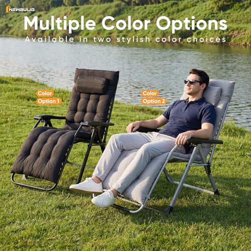NEWBULIG Zero Gravity Chair, Folding Patio Recliner with Removable Cushion & Cup Holder Trays, Portable Lounge Chair for Beach & Camping, Classic Grey