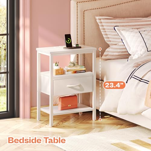SUPERJARE Nightstand with Charging Station, Bed Side Table with Adjustable Fabric Drawer, Night Stand for Bedroom, 3-Tier Storage End Table, for Living Room, White SUPERJARE