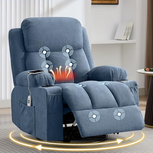 MAHOMICO Swivel Rocker Recliner Chair with Vibration Massage and Heat for Living Room,with Rocking Function and Side Pocket, USB Charge Port,2 Cup Holders MAHOMICO