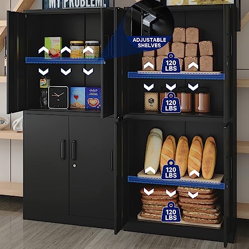 Yizosh Metal Storage Locking Cabinet with 4 Doors and 2 Adjustable Shelves,71" Lockable Garage Tall Steel Cabinet,for Home Office,Living Room,Pantry,Gym,Commercial Storage (Black) Yizosh