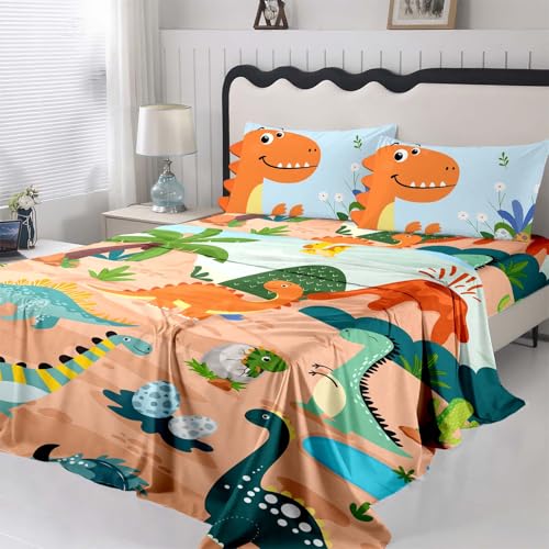 NiuOne 3D Cartoon Dinosaurs Kids Queen Sheets 4Pcs Dinosaurs Bed Sheets,3D Dinasour Pillowcases Decoration Bedroom Bedding Set Queen Size NiuOne