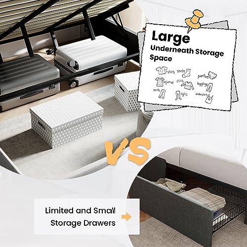 SHA CERLIN King Size Lift Up Storage Bed/Modern Wingback Headboard/Upholstered Platform Bed Frame/Hydraulic Storage/No Box Spring Needed/Wood Slats Support/Light Grey SHA CERLIN