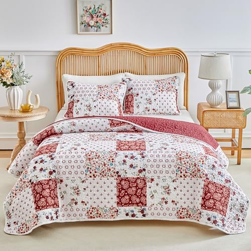 Joyreap 3 Pieces Floral Patchwork Quilt Set Twin, Burgundy Red n White Flowers Design, Smooth Soft Microfiber Quilt, Bedspread Bed Cover for All Season, 90x90 inches Joyreap