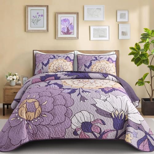 DJY Floral Quilt Set King Size Purple Boho Bedspread Coverlet Set, 3 Piece Microfiber Bohemian Botanical Farmhouse Floral Quilt Bedding Set with 2 Pillowcases for All Season (110''x90'') DJY