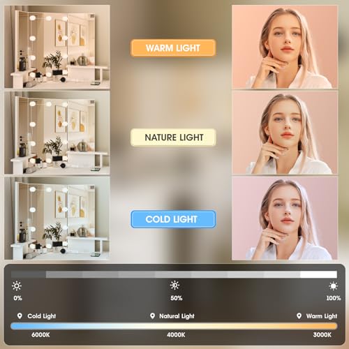 Fameill Corner Vanity Desk with Mirror and Lights, Makeup Vanity Table with Charging Station, Corner Vanity with 4 Drawers and Shelves, 3 Lighting Modes, Brightness Adjustable, for Women Girls Fameill