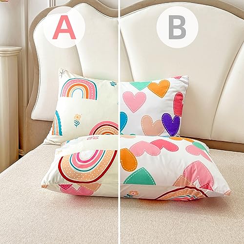 Btargot Lightweight Soft 3 Piece Rainbow Comforter Set with 2 Pillow Covers, Cartoon Love Hearts Flowers and Grass Bedding Set for Girls Boys Kids, Queen Multi-Color Btargot