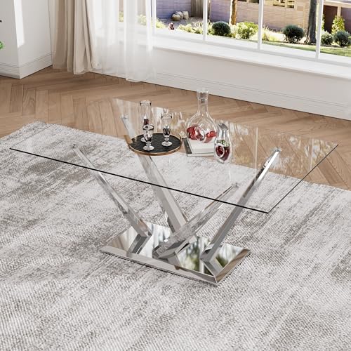 HAIZAO 63'' Rectangular Glass Dining Table for 4-6, Luxury Kitchen Table with Tempered Glass and Aesthetic Silver Stainless Steel Base, Modern Dinner Table for Home, Apartment HAIZAO