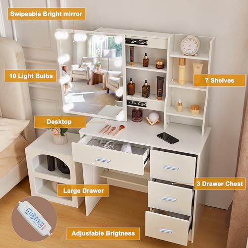 Teousev Vanity Desk with Lighting and Mirror,Small Vanity with 4 Drawers 6 Storage Shelves 3 Lighting Colors for Gilrs Vanity,White,31.5" L*14.2" W*51.2" H Teousev