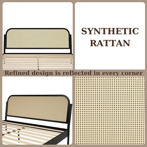 Aurelia Queen Size Bed Frame - Stylish Black Bohemian & Mid Century Modern Design with Solid Wood Support Bme