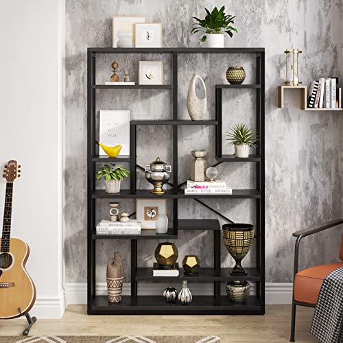 Tribesigns 47” Black 9-Tier Rustic Geometric Bookshelf – Industrial Wood and Metal Display Shelf for Living Room and Office Tribesigns