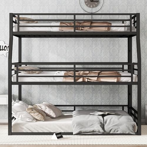 Bellemave Metal Triple Bunk Bed with Full-Length Guardrails, Full XL Over Queen Over Queen Bunk Bed for 3, Noise-Reduced, Metal Black Bellemave