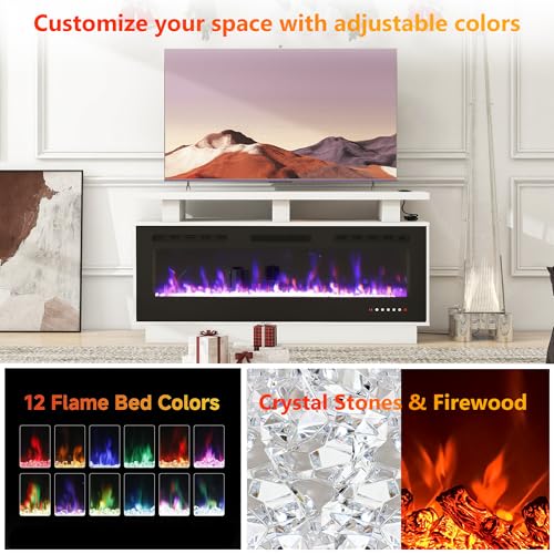 Fireplace TV Stand with 50" Smart Electric Fireplace, Solid Wood Fire Place with Mantel, Modern Fireplace Cabinet with Socket for Living Room Farmhouse Entertainment Center White, (50 inch, WiFi) ROCSUMOO