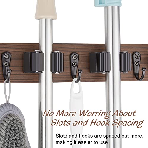 OUTNILI Mop Broom Holder Wall Mount Wood Broom Mop Hanger - Wall Mounted Garden Tool Rack Organizer for Closet Garage Laundry Room Kitchen Decor With 4 Slots & 4 Hooks OUTNILI