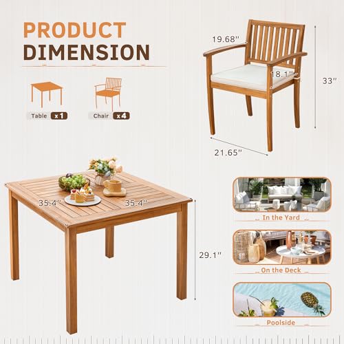 Greesum 5 Piece Patio Dining Set Outdoor Solid Wood Furniture for Yard, Garden, Porch w/Square Tabletop & 4 Chairs, White Greesum